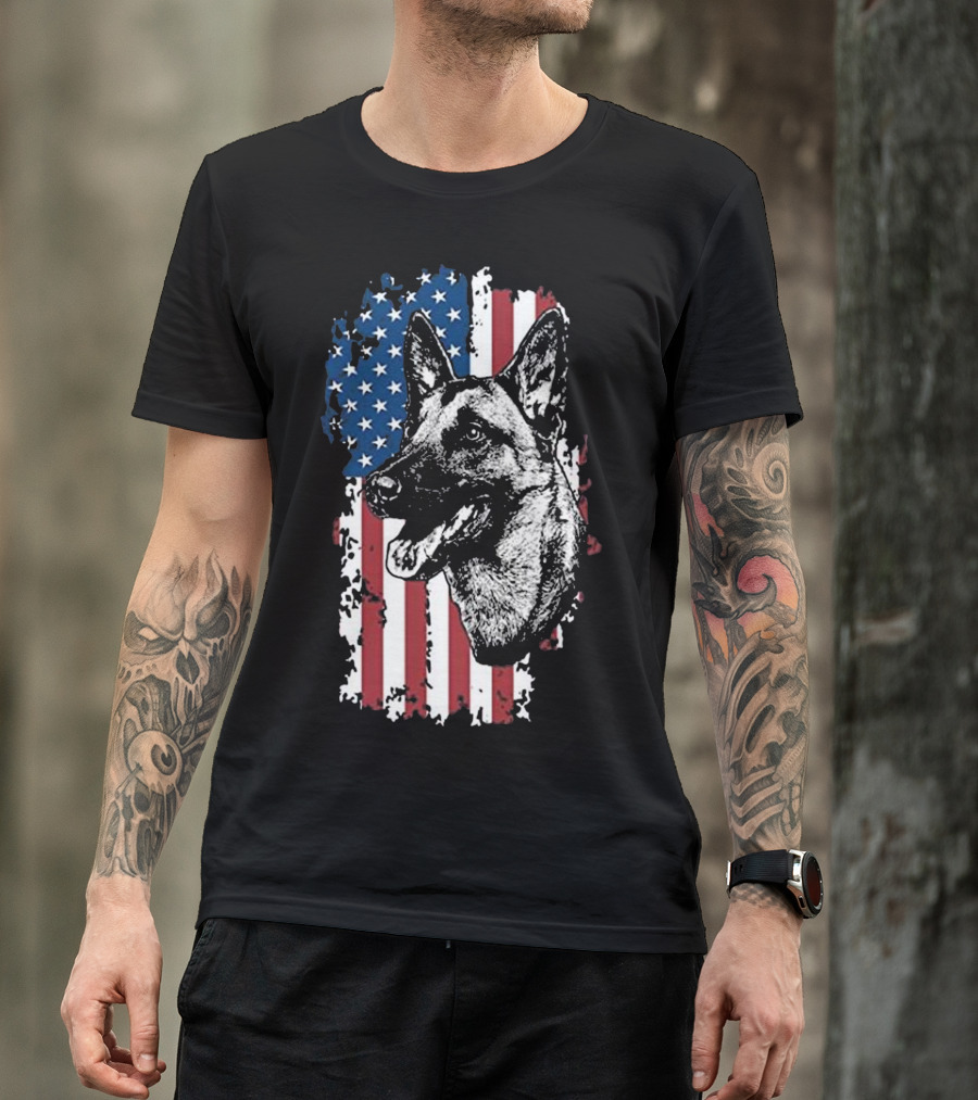 Belgian Malinois K9 Police Dog With American Flag Background T-Shirt