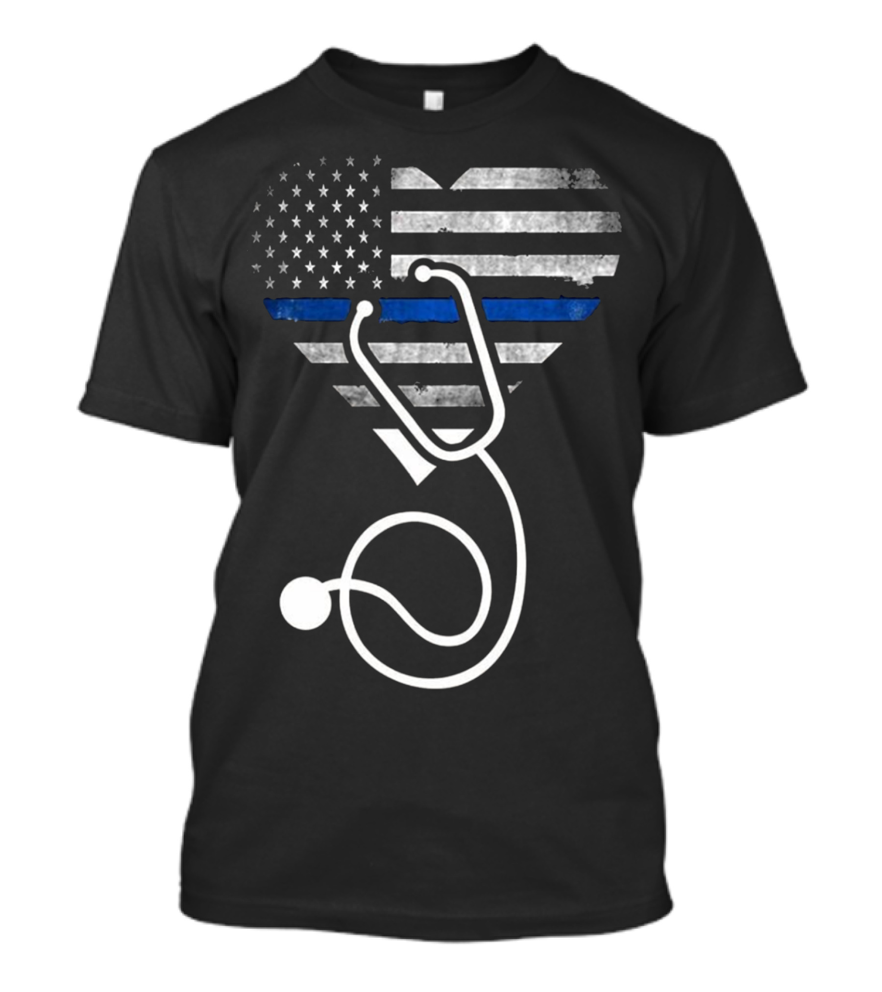 American Flag Heart Blue Line Stethoscope Nurse Police T-Shirt