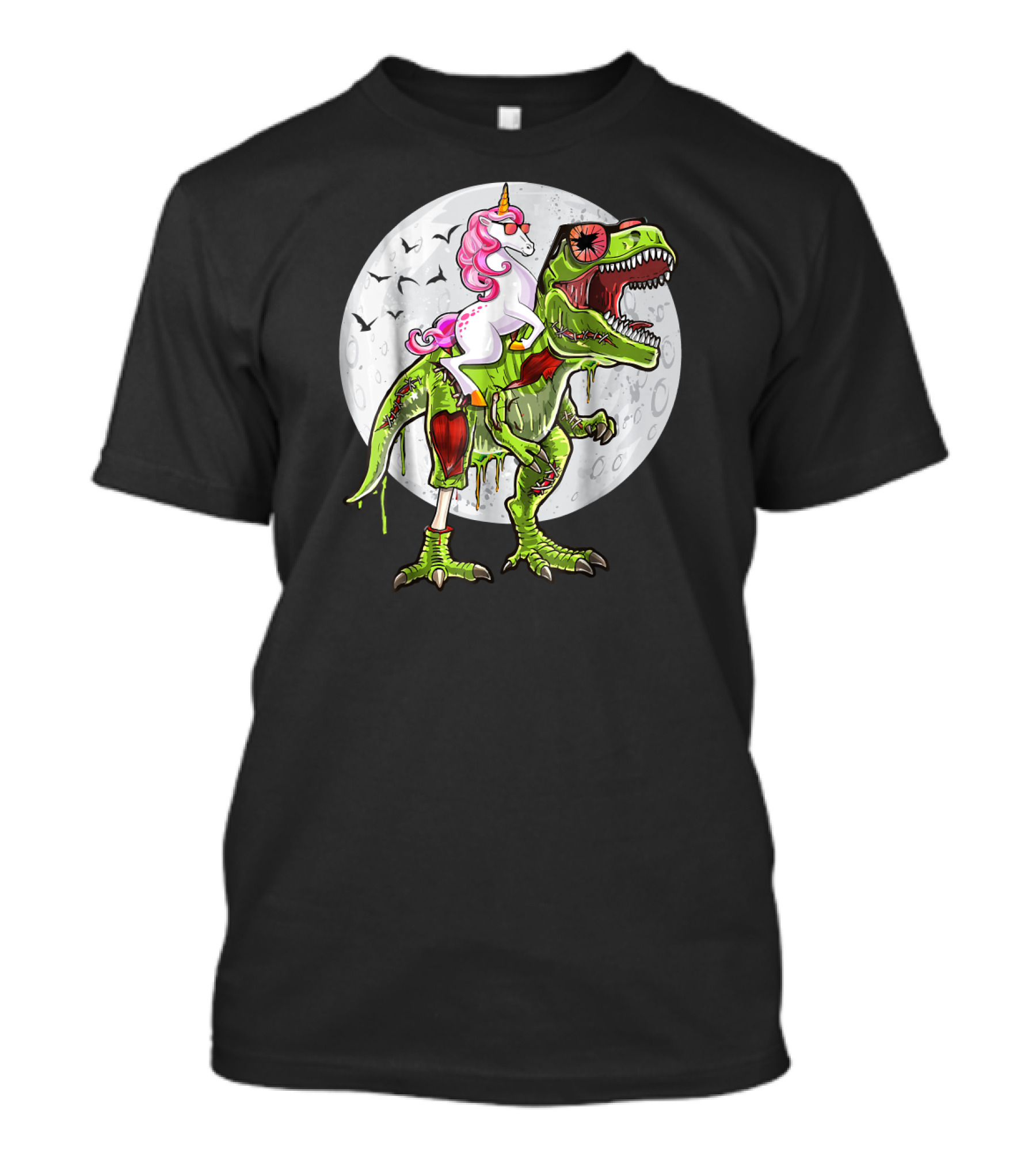 Halloween Unicorn Riding Zombie T Rex Dinosaur Moon Scene T-Shirt