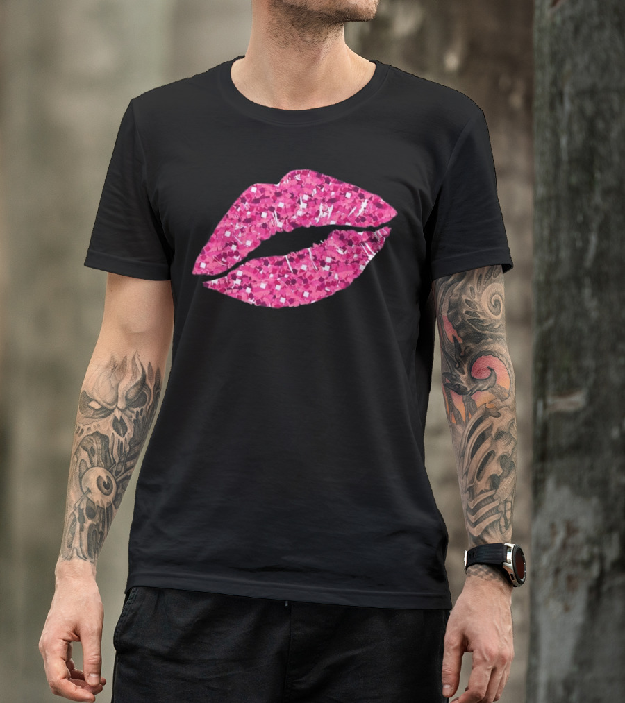 Rose Gold Lipstick Kiss Hot 80s Aesthetic Glamorous Pink Sequin Sparkle Lips T-Shirt