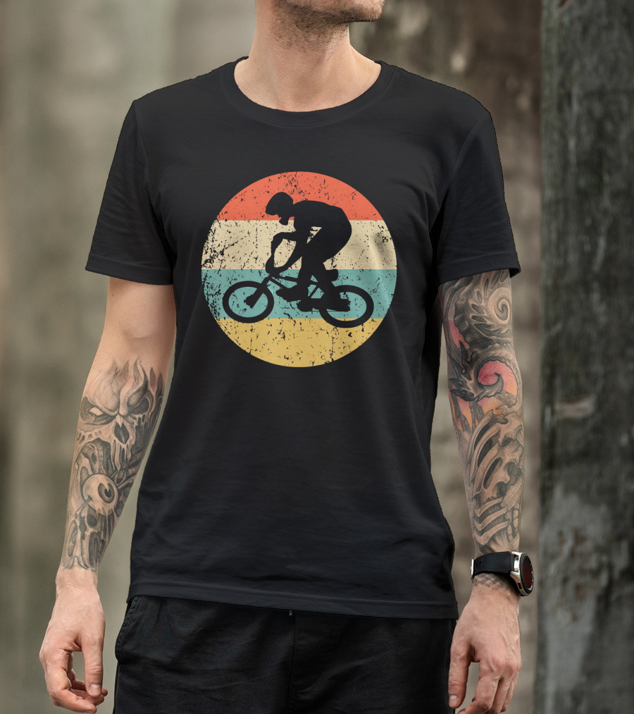 Vintage Retro BMX Bike Rider Silhouette On Striped Circle T-Shirt