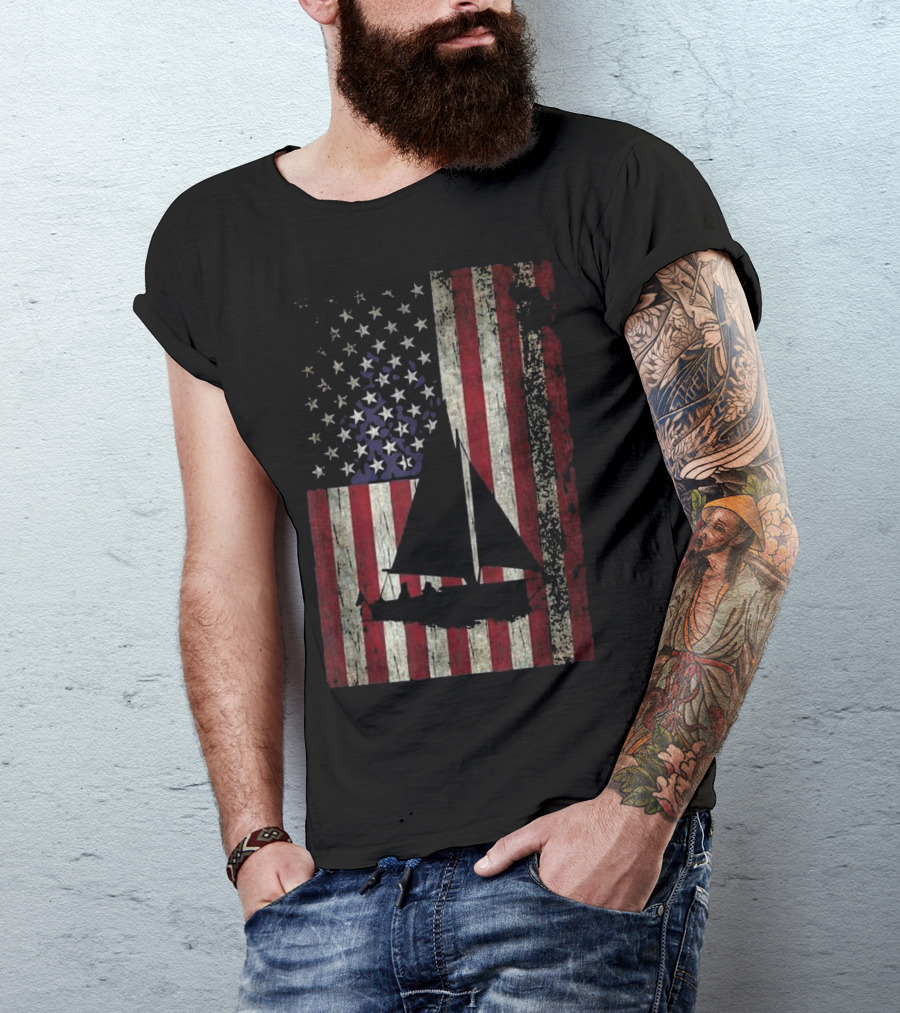 American Flag Sailing Boat T-Shirt
