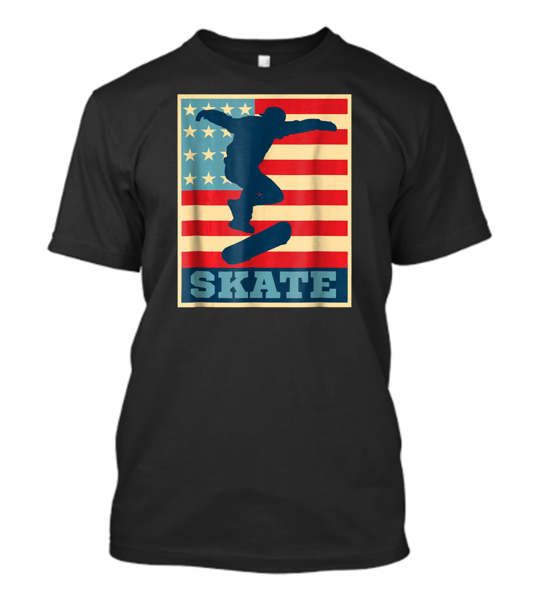 American Flag Skateboarding Skater Silhouette On Stripes With Blue Stars And Skateboarding Text T-Shirt