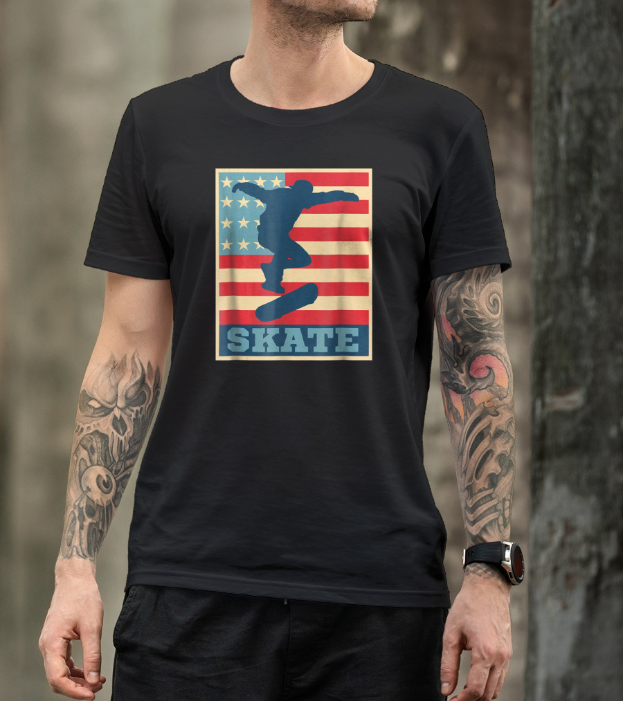 American Flag Skateboarding Skater Silhouette On Stripes With Blue Stars And Skateboarding Text T-Shirt