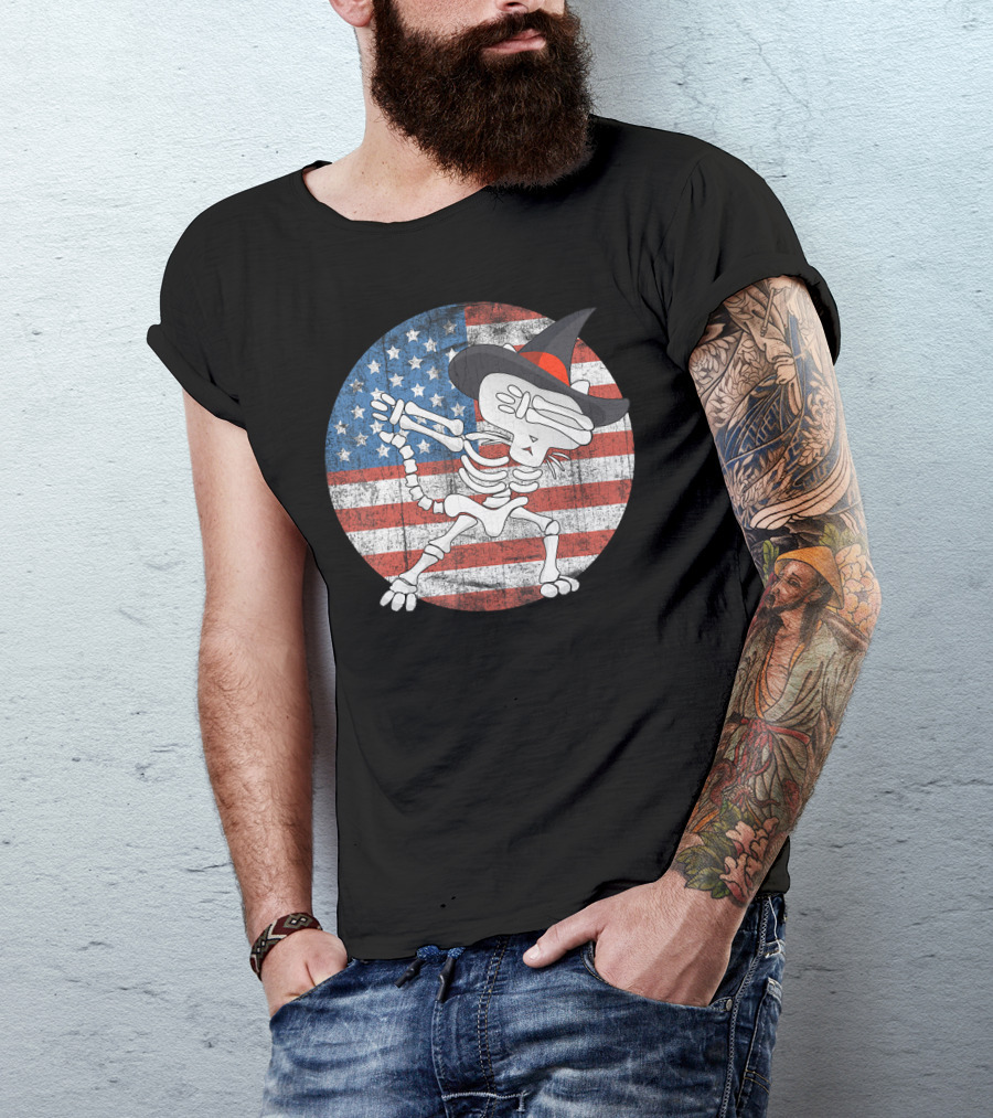 Halloween Skeleton Dabbin' Witch Hat American Flag T-Shirt