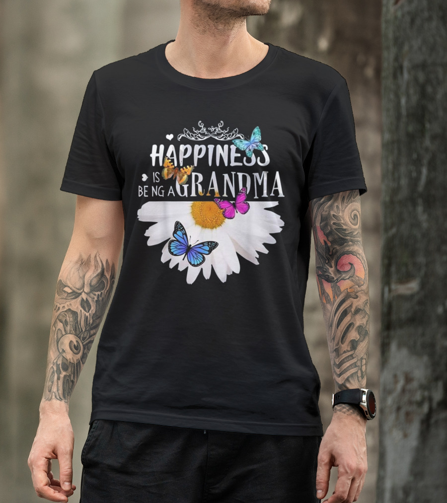 Happiness Is Being A Grandma Daisy Butterfly Heart T-Shirt
