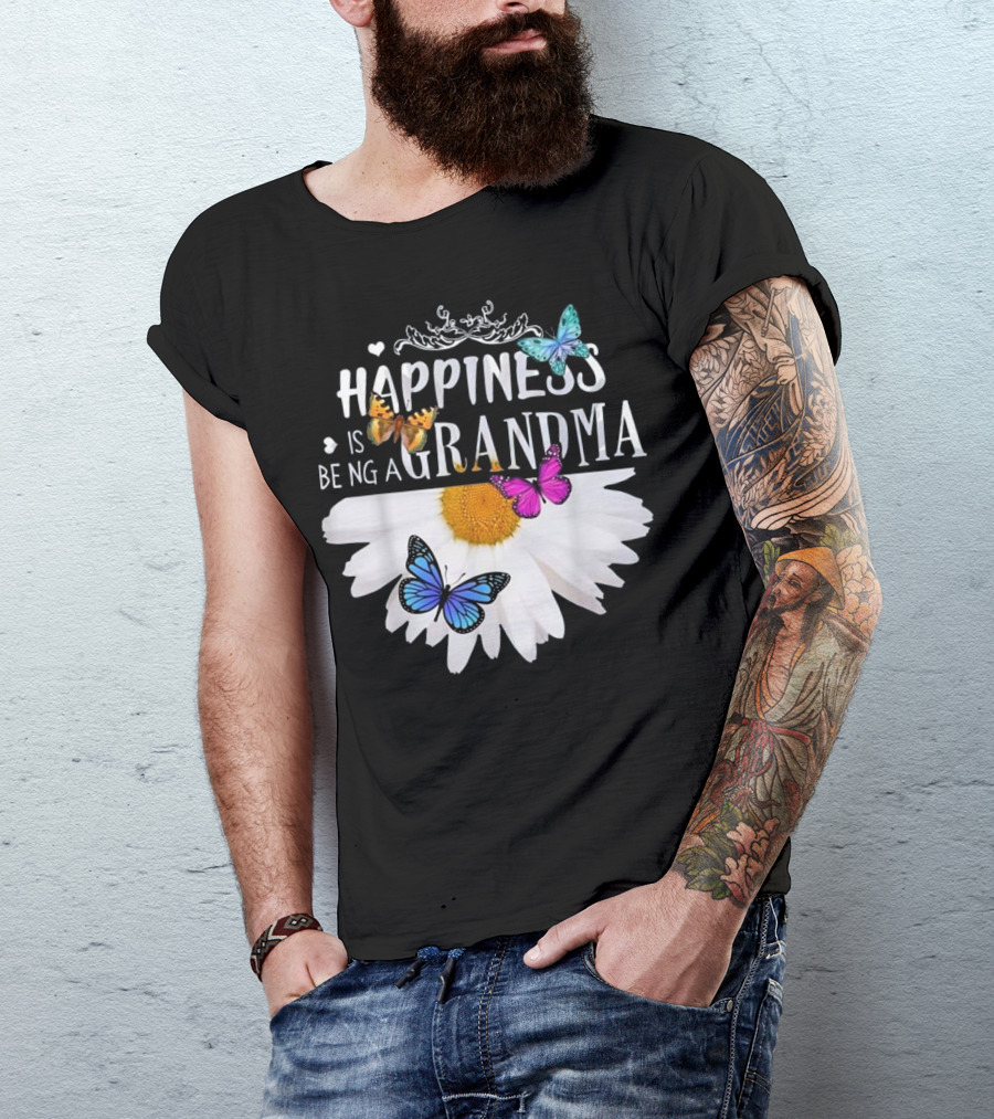 Happiness Is Being A Grandma Daisy Butterfly Heart T-Shirt