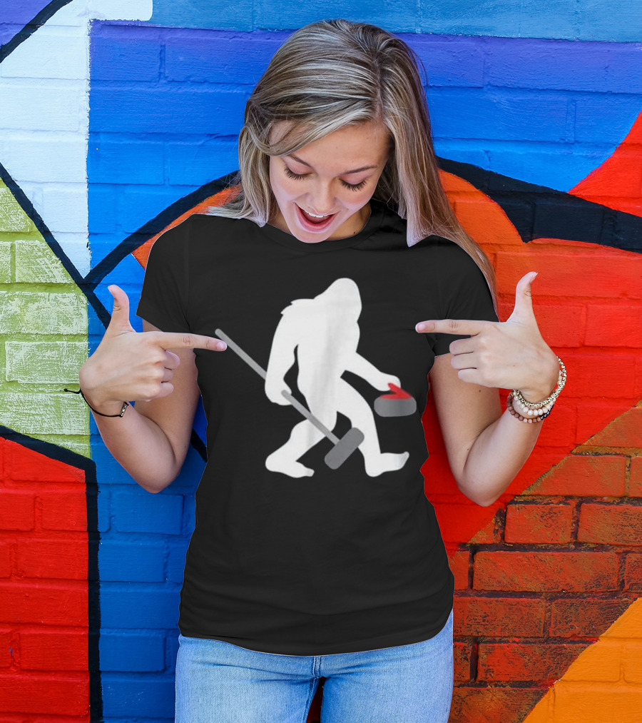 Curling Bigfoot Cute Funny Winter Scene T-Shirt