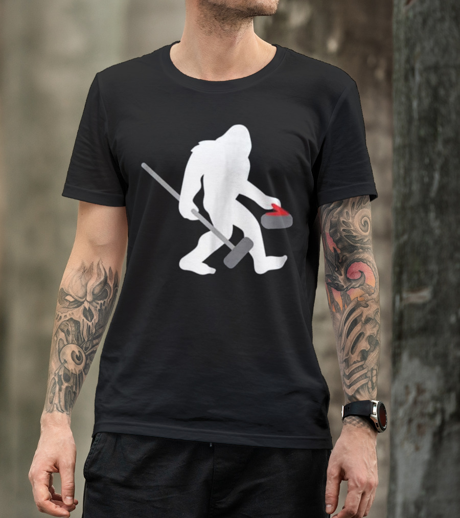 Curling Bigfoot Cute Funny Winter Scene T-Shirt