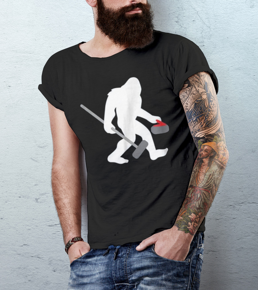 Curling Bigfoot Cute Funny Winter Scene T-Shirt