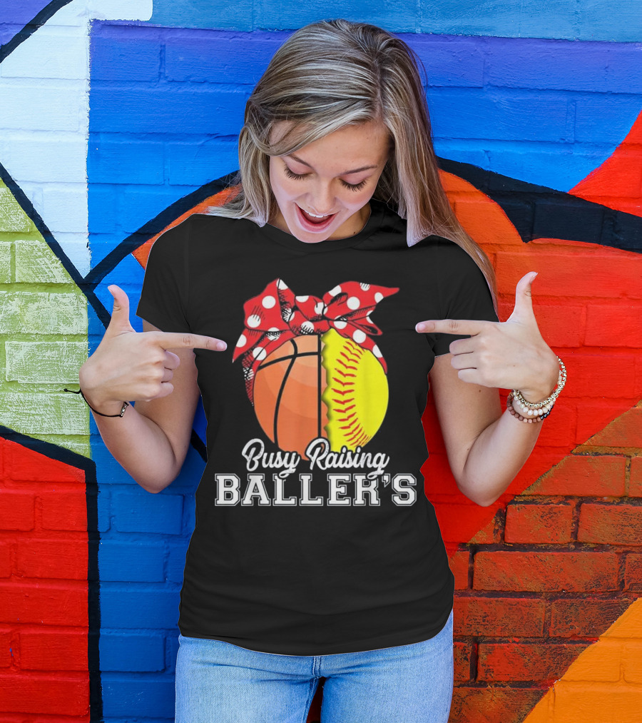 Busy Raising Baller's Basketball Softball Polka Dot Bow T-Shirt