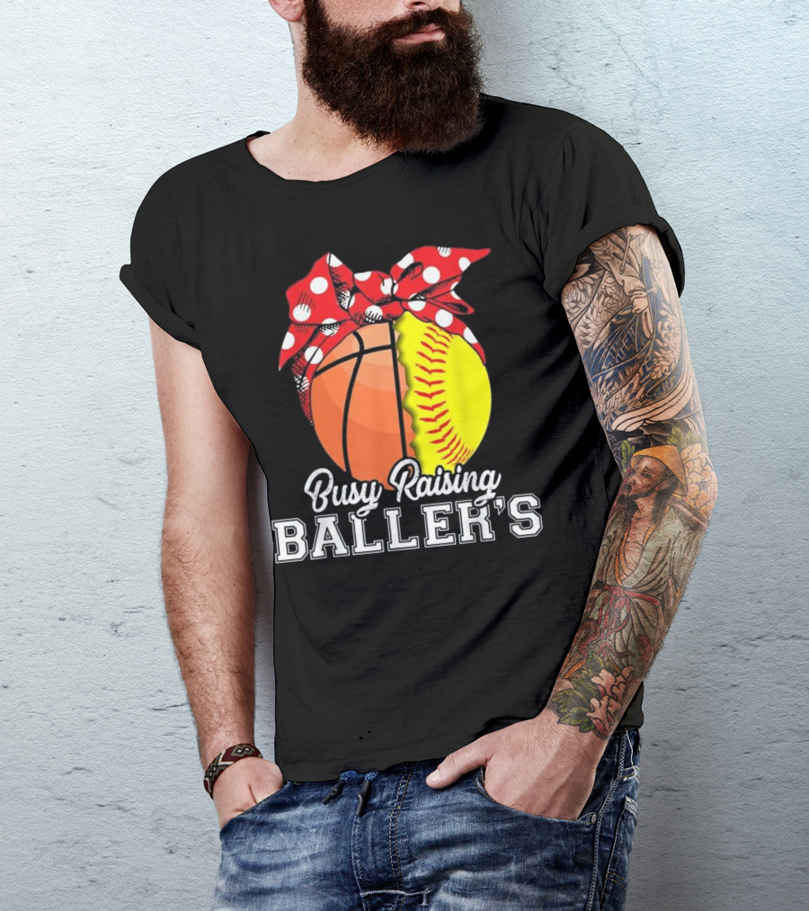 Busy Raising Baller's Basketball Softball Polka Dot Bow T-Shirt