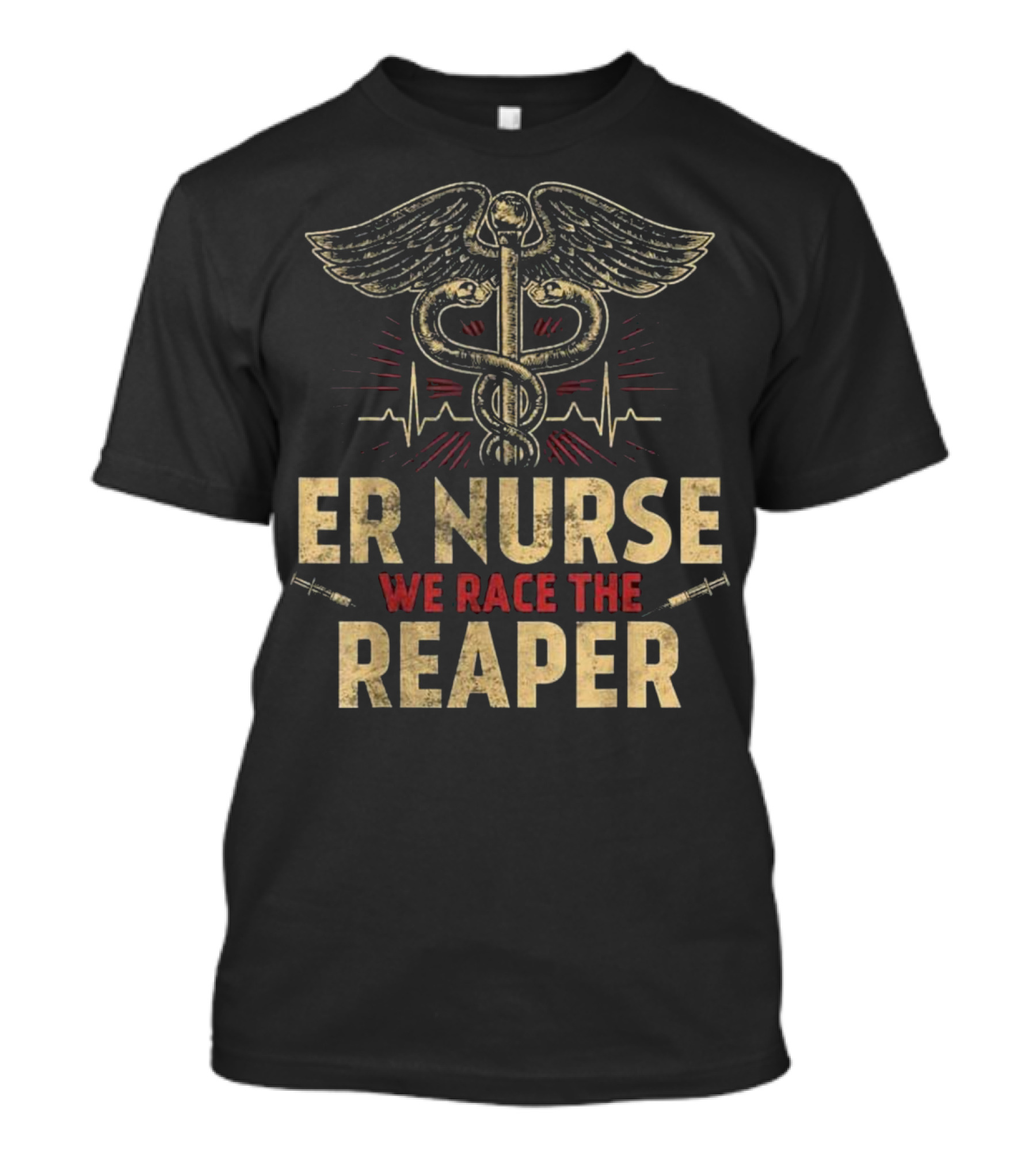 ER Nurse We Race The Reaper Caduceus And EKG Lines T-Shirt