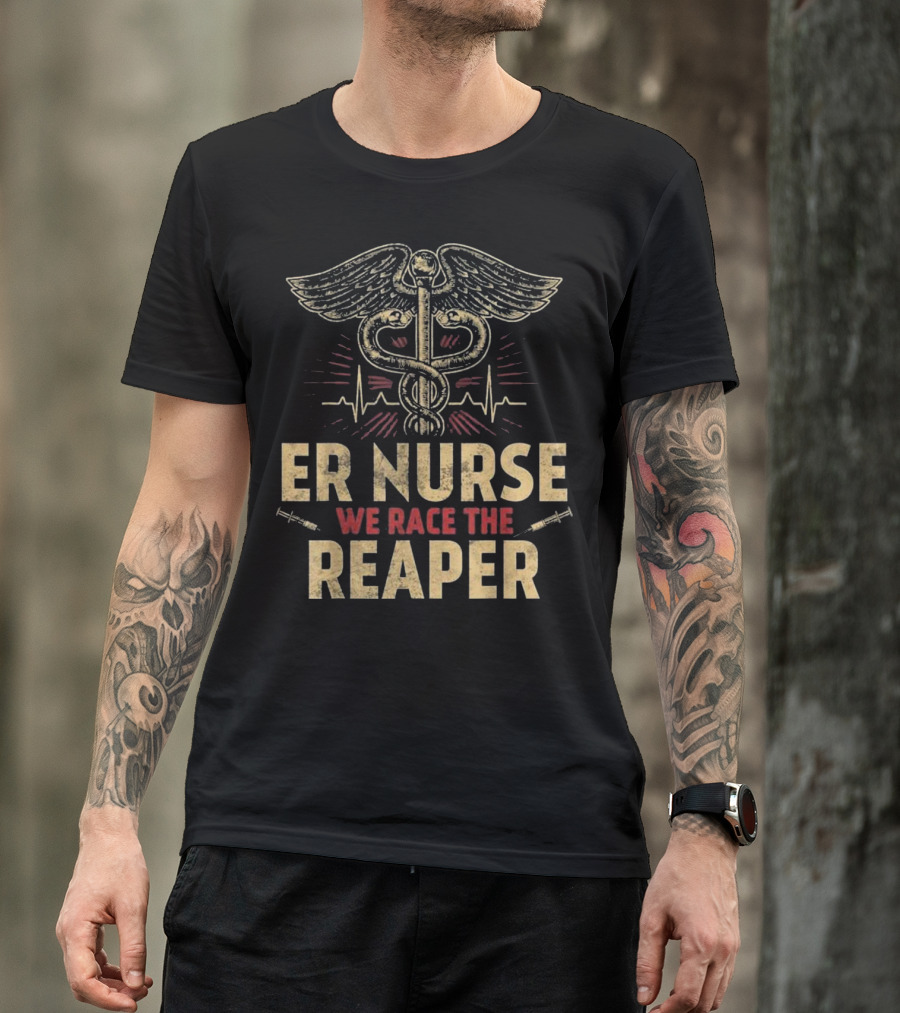 ER Nurse We Race The Reaper Caduceus And EKG Lines T-Shirt