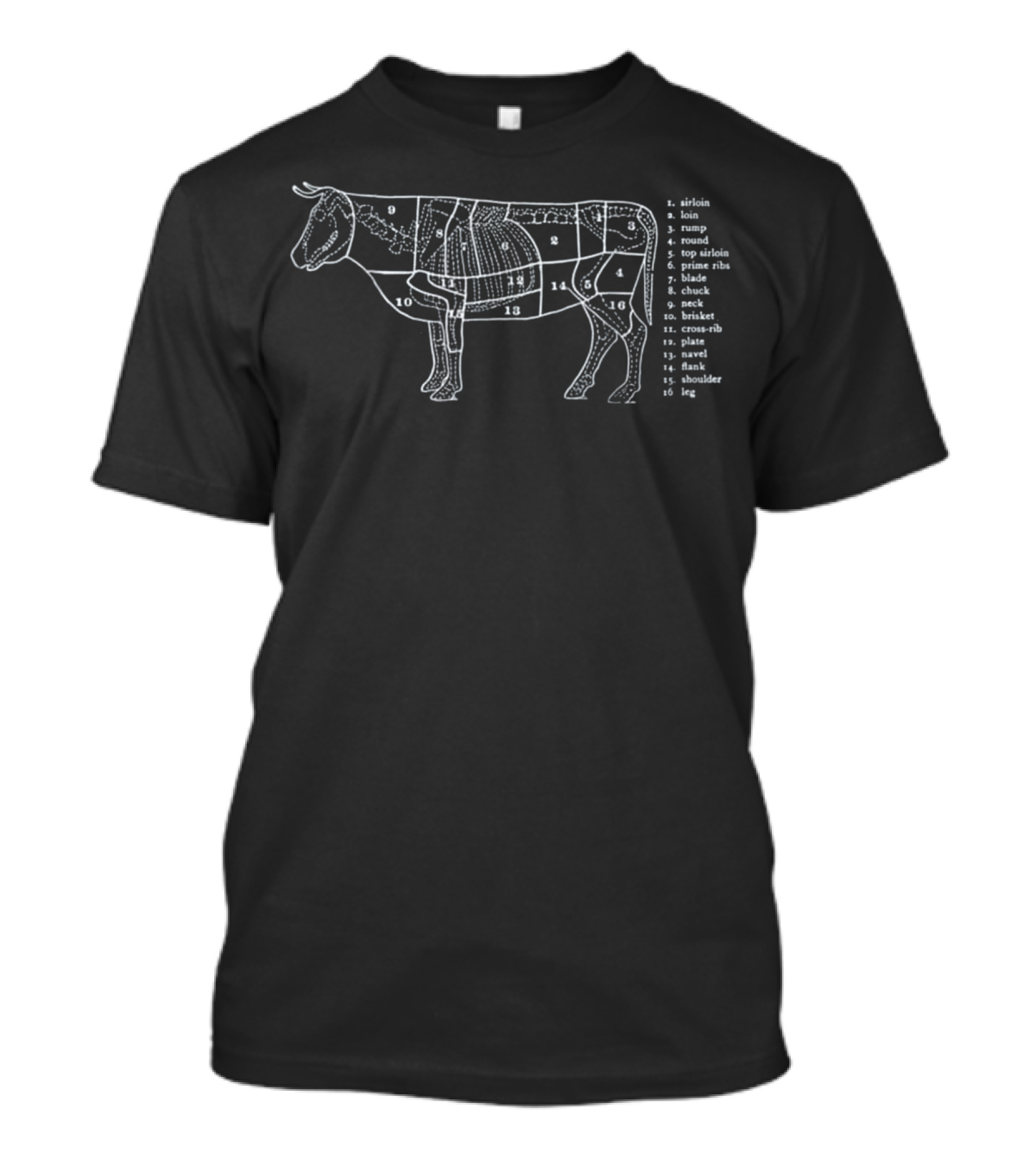 Butcher Cow Diagram With Sirloin Loin Rump Round Cuts And Prime Ribs T-Shirt
