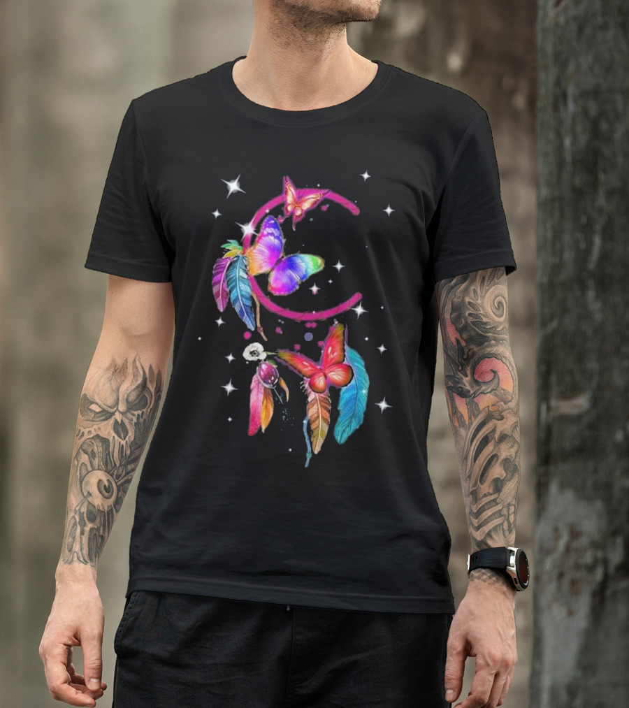 Butterfly Moon Dreamcatcher With Colorful Feathers And Stars T-Shirt