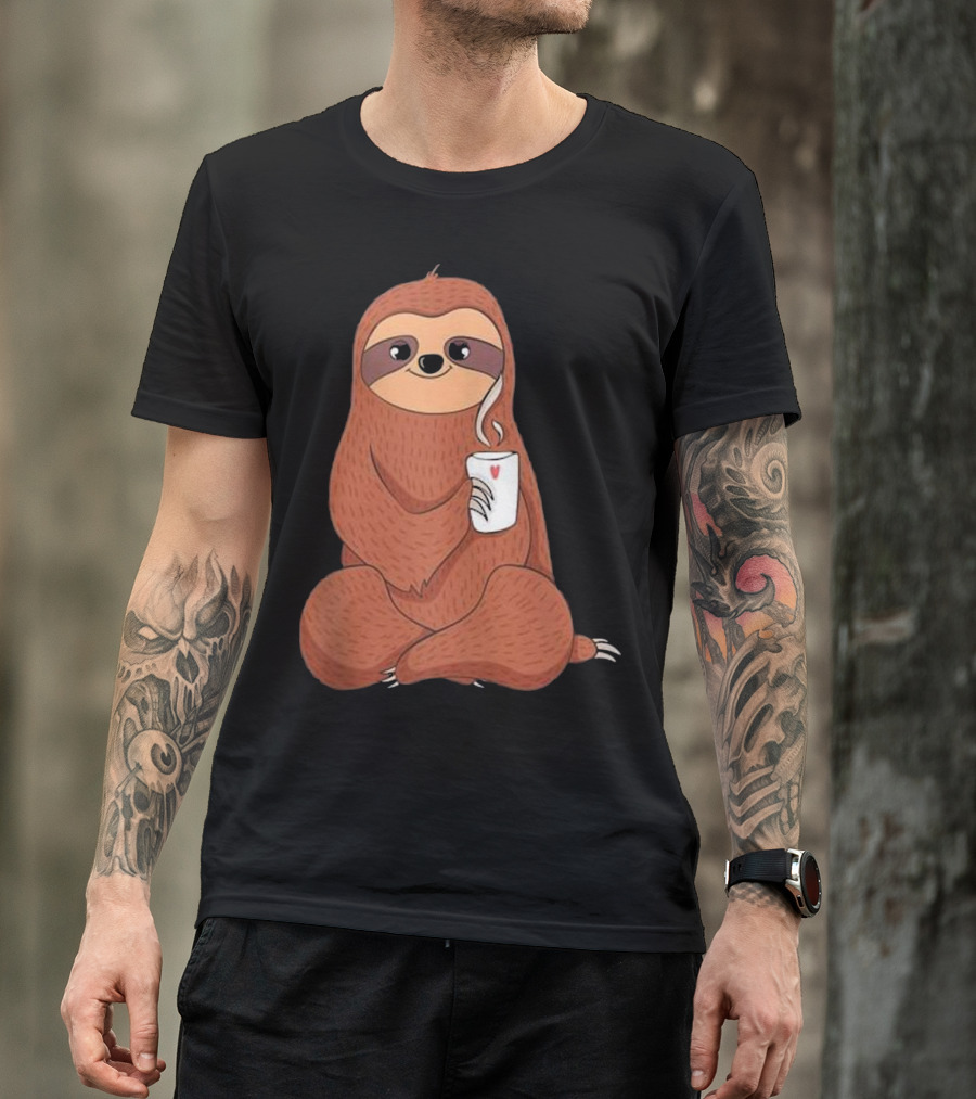 Cute Sloth Holding Heart Mug With Cozy Smile T-Shirt