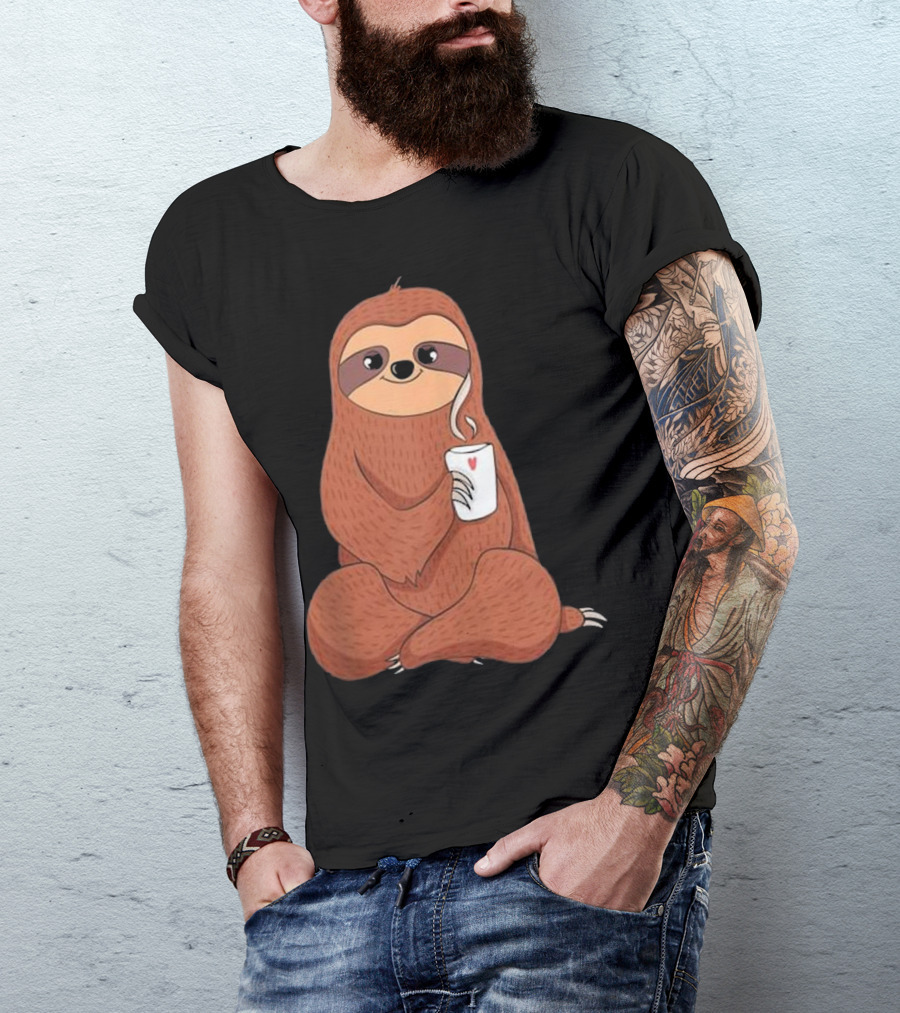 Cute Sloth Holding Heart Mug With Cozy Smile T-Shirt