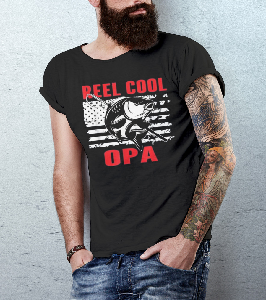 Reel Cool Opa Funny Fishing American Flag Gift T-Shirt