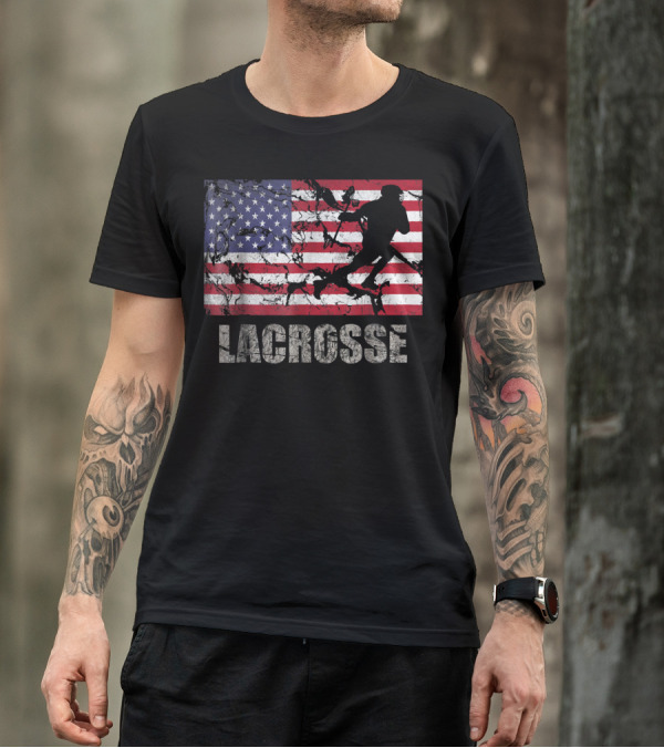 Lacrosse American Flag USA Flag Player Silhouette Fan T-Shirt
