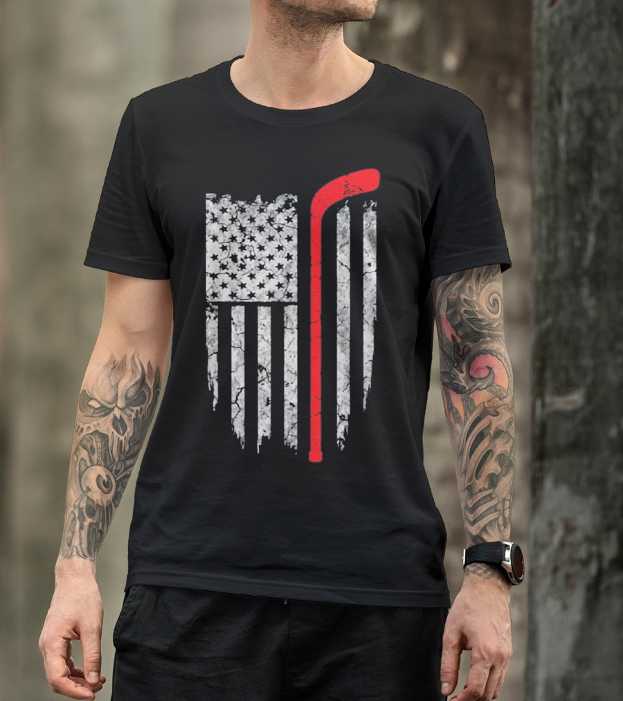 American Flag Hockey Stick USA Hockey T-Shirt