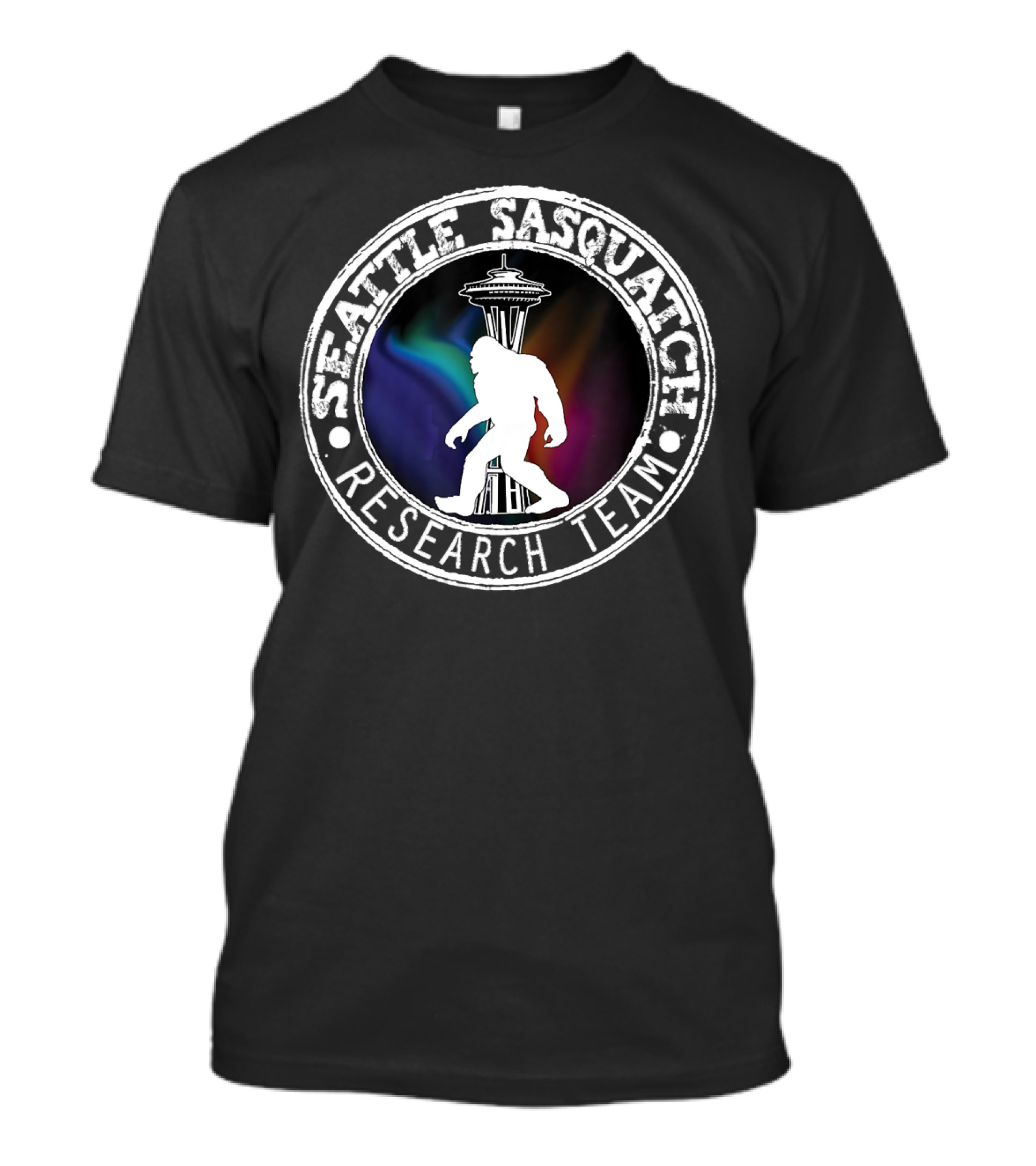Seattle Sasquatch Research Team Aurora Borealis Space Needle T-Shirt