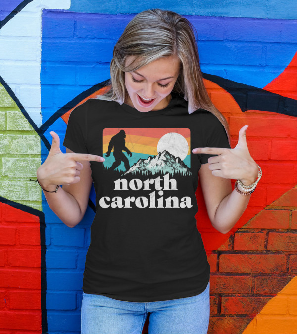 North Carolina Retro Bigfoot Silhouette With Mountains And Sunset T-Shirt