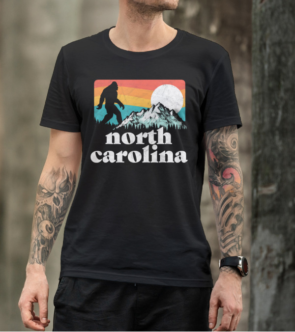North Carolina Retro Bigfoot Silhouette With Mountains And Sunset T-Shirt