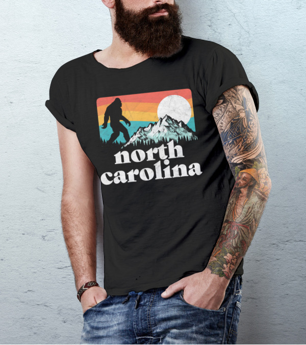 North Carolina Retro Bigfoot Silhouette With Mountains And Sunset T-Shirt