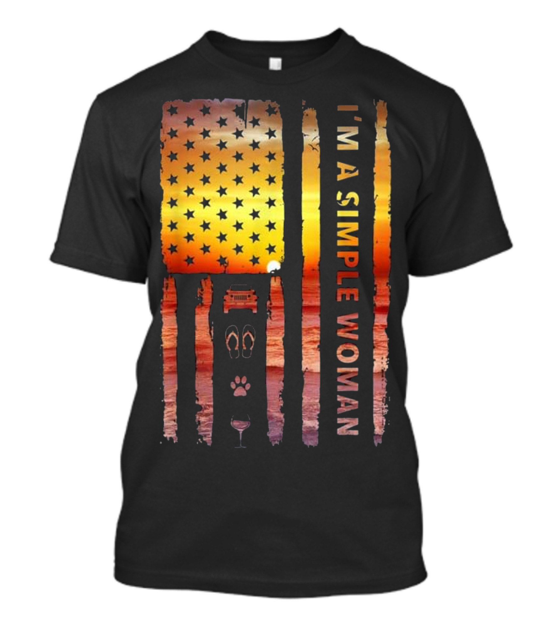 I'm A Simple Woman Jeep Flip Flops Dog Wine American Flag Sunset T-Shirt