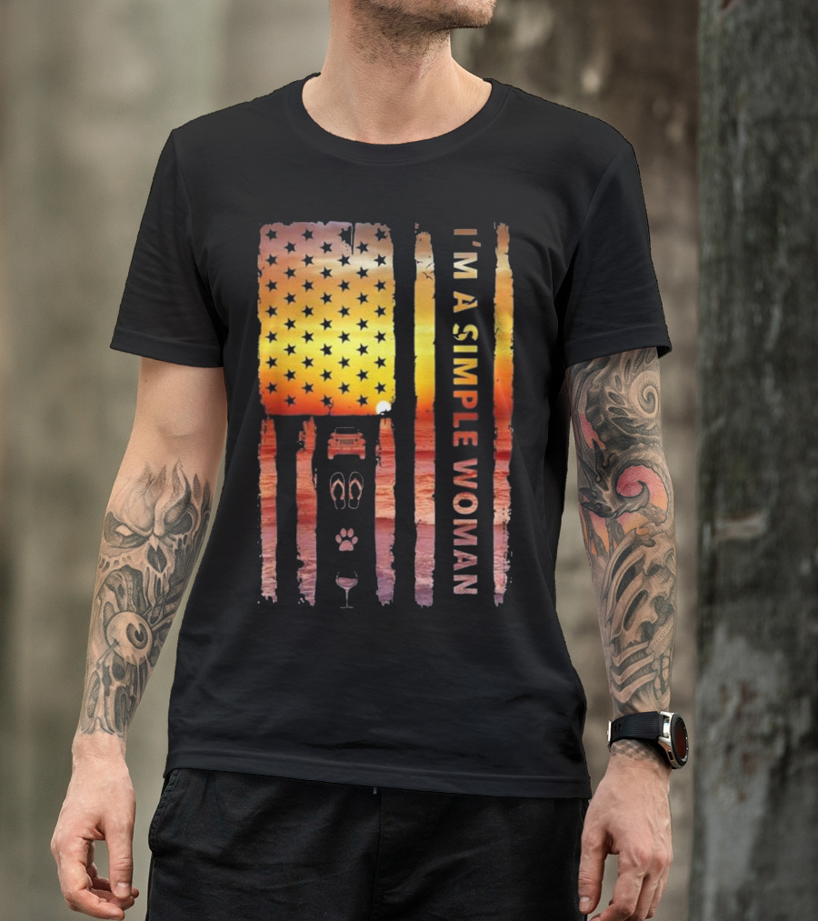 I'm A Simple Woman Jeep Flip Flops Dog Wine American Flag Sunset T-Shirt