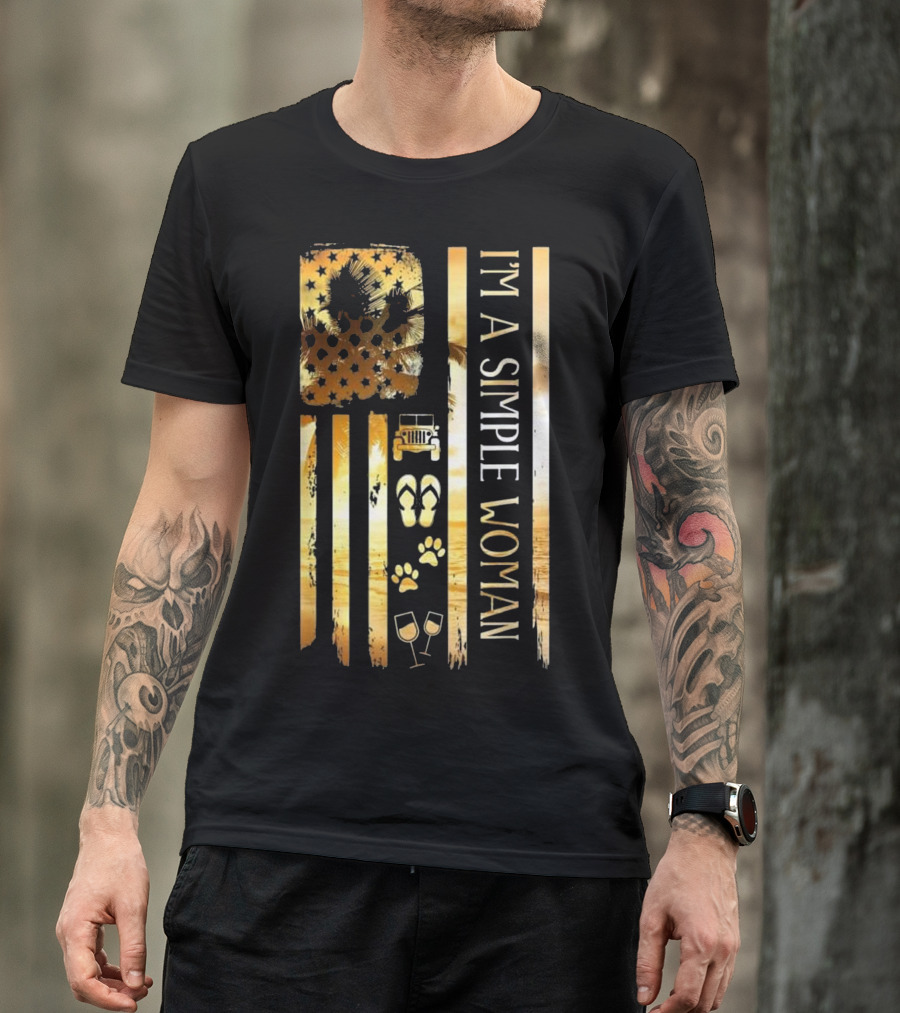 I'm A Simple Woman American Flag Jeeps Wine Flip Flops Paws T-Shirt
