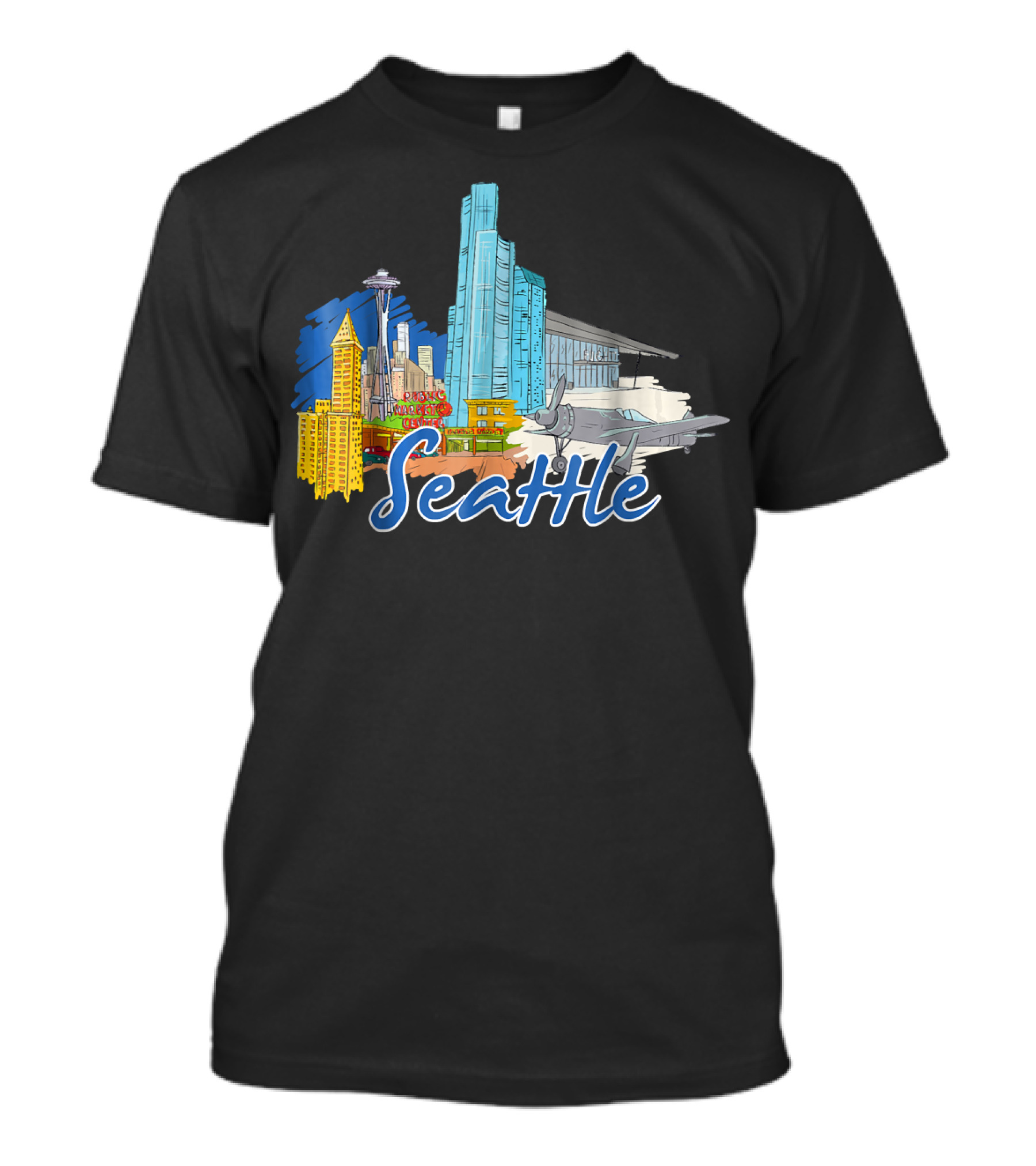 Seattle Washington Landmarks With Space Needle And Airplane T-Shirt