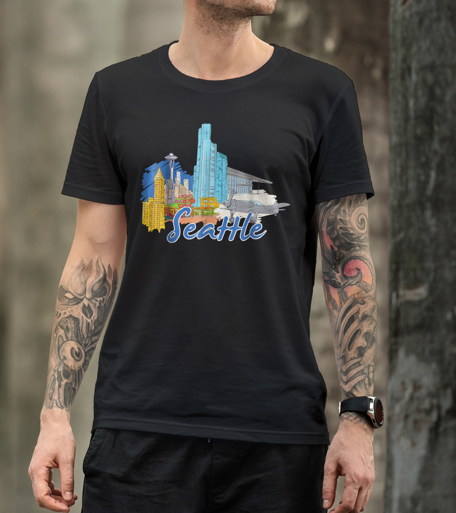 Seattle Washington Landmarks With Space Needle And Airplane T-Shirt