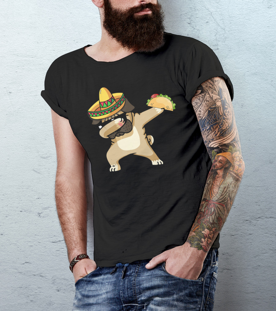 Dabbing Pug In Sombrero With Taco For Cinco De Mayo Mexican T-Shirt