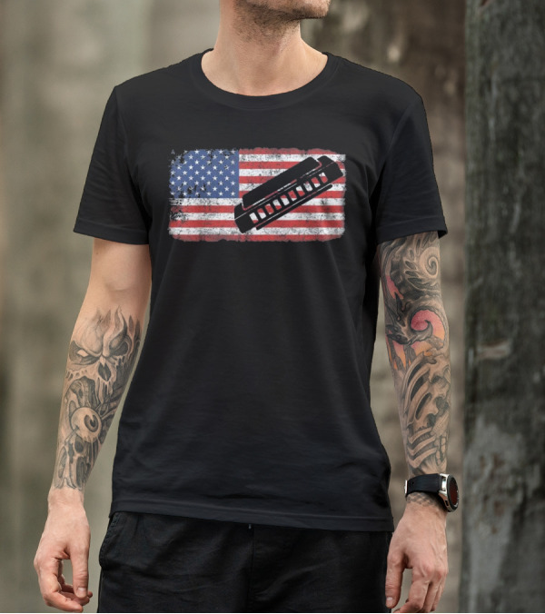 Vintage Distressed American Flag Harmonica T-Shirt