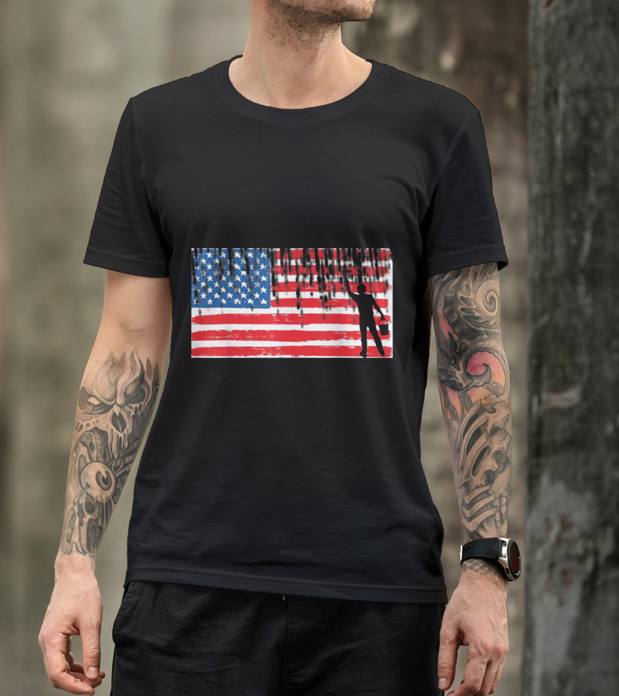 Vintage American Flag Roofer Silhouette Painting T-Shirt