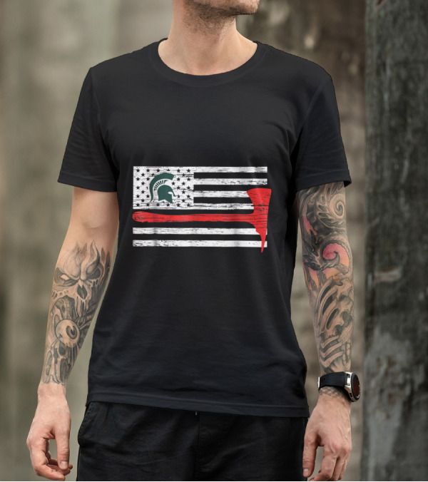 Michigan State Spartans Firefighter Thin Red Line American Flag Helmet Helmet Axe T-Shirt