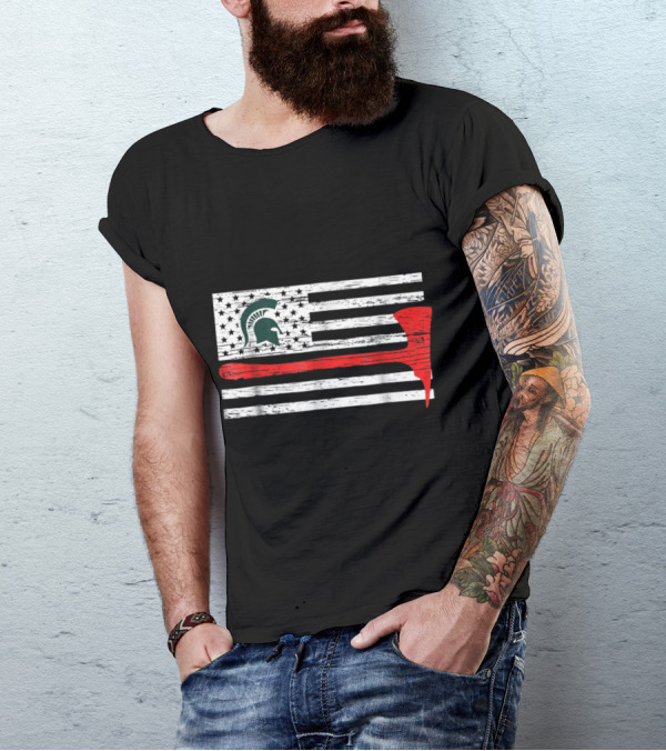 Michigan State Spartans Firefighter Thin Red Line American Flag Helmet Helmet Axe T-Shirt