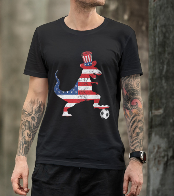 T REX SOCCER BALL AMERICAN FLAG 4th Of July Patriotic Dinosaur Hat Football T-Shirt