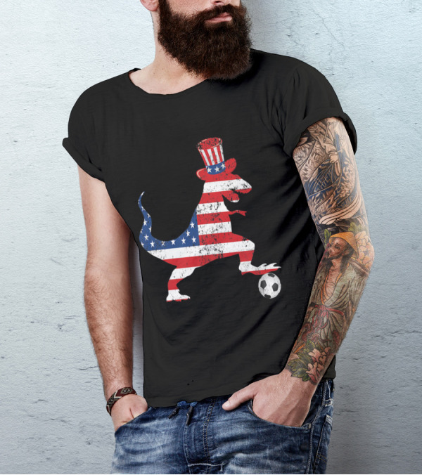 T REX SOCCER BALL AMERICAN FLAG 4th Of July Patriotic Dinosaur Hat Football T-Shirt