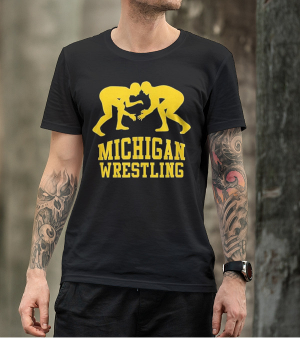Michigan Wrestling Yellow Wrestlers Iconic Pose T-Shirt