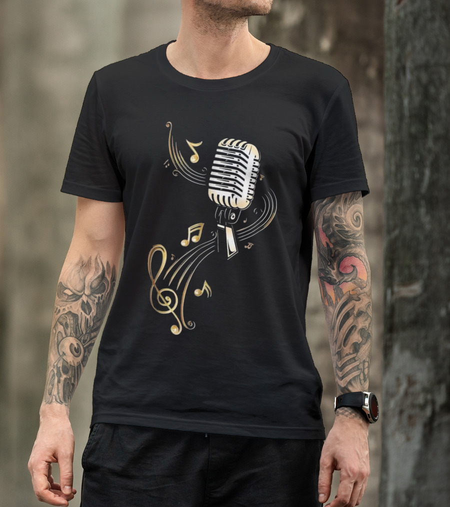 Vintage Microphone With Golden Music Notes And Treble Clef T-Shirt