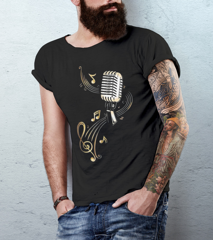 Vintage Microphone With Golden Music Notes And Treble Clef T-Shirt