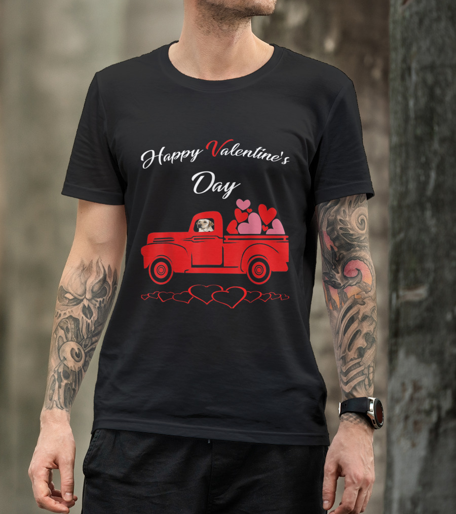 Happy Valentine's Day Labrador In Red Truck With Hearts T-Shirt