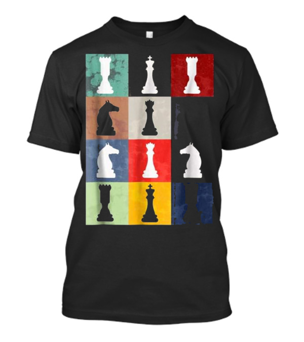 Vintage Chess Pieces On Multicolor Grid T-Shirt