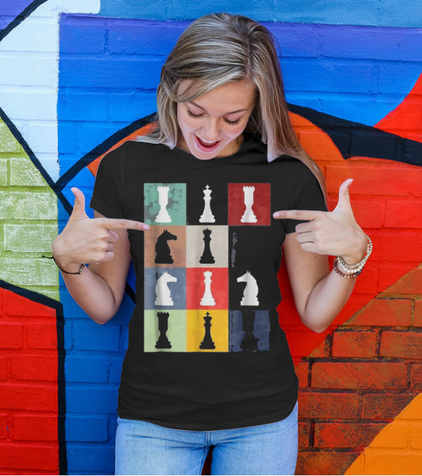 Vintage Chess Pieces On Multicolor Grid T-Shirt