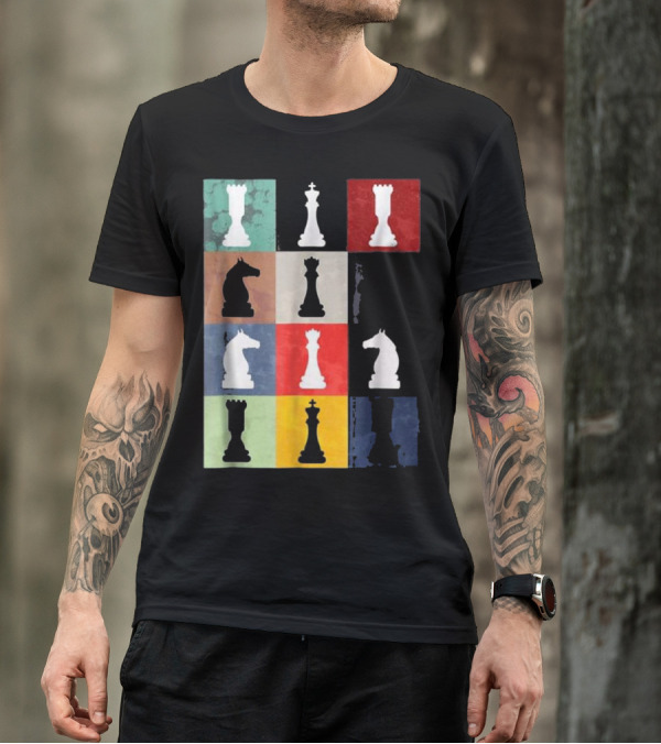 Vintage Chess Pieces On Multicolor Grid T-Shirt