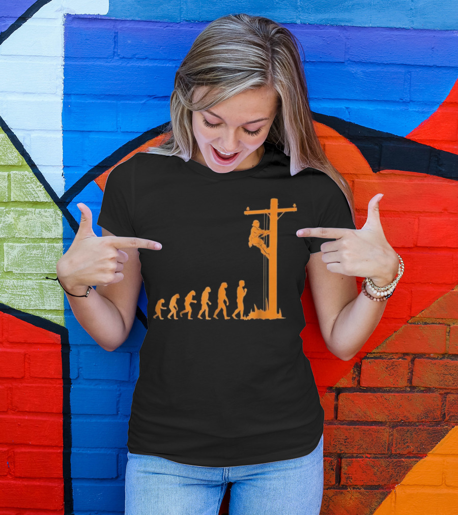 Cool Unique Evolution Of Lineman Electrician Climbing Power Pole T-Shirt
