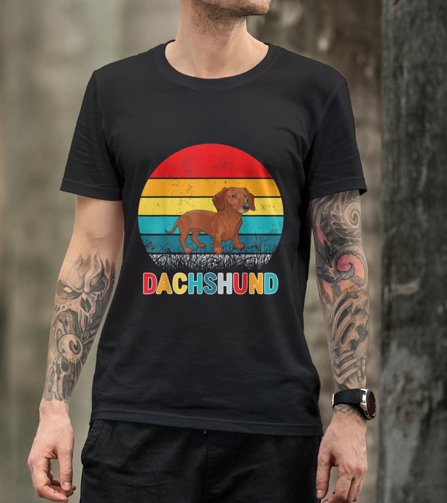 Retro Dachshund With Vintage Sunset Stripes T-Shirt